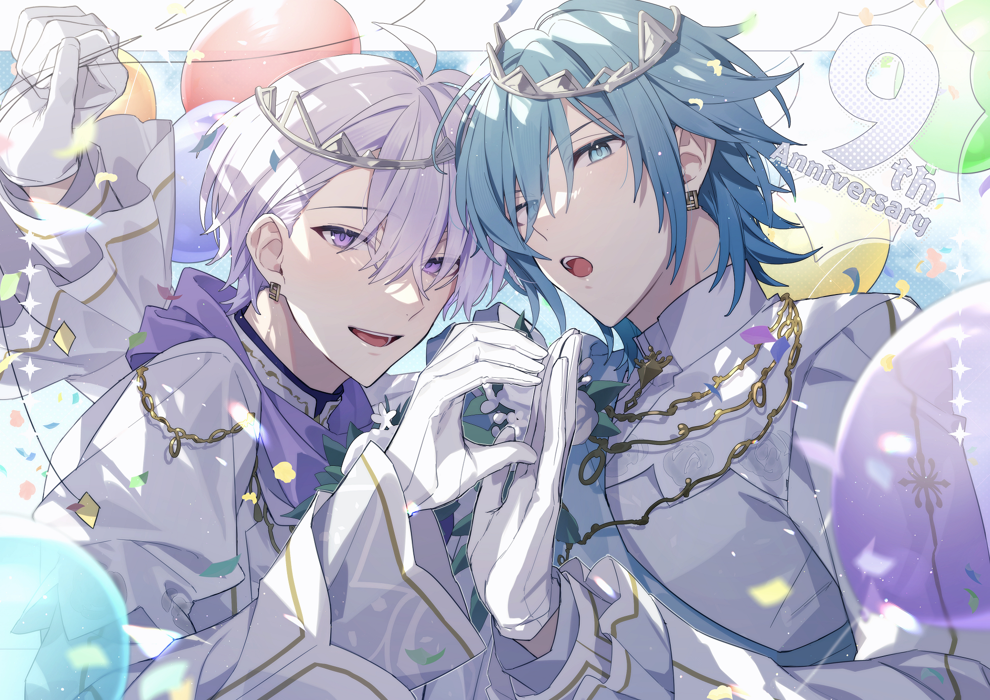 aiue o eiua, osaka sougo, yotsuba tamaki, idolish7, commentary request, highres, 2boys, :o, ahoge, anniversary, blue eyes, blue hair, border, gloves, grey shirt, hand up, long sleeves, looking at viewer, male focus, multiple boys, number-shaped hands, open mouth, purple eyes, purple hair, purple scarf, scarf, shirt, short hair, simple background, smile, speech bubble, teeth, tiara, upper teeth only, white gloves
