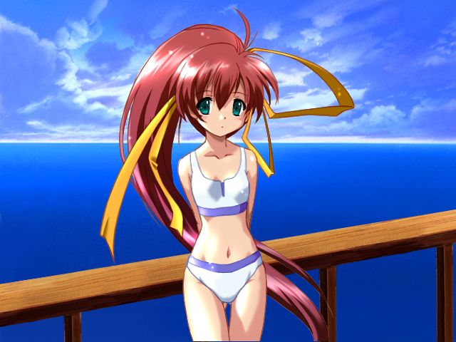 komatsu eiji, nanoca flanka, aoi umi no tristia, game cg, 00s, 1girl, ahoge, arms behind back, bikini, day, female focus, green eyes, hair ribbon, long hair, ocean, outdoors, ponytail, railing, red hair, ribbon, solo, swimsuit, very long hair, white bikini