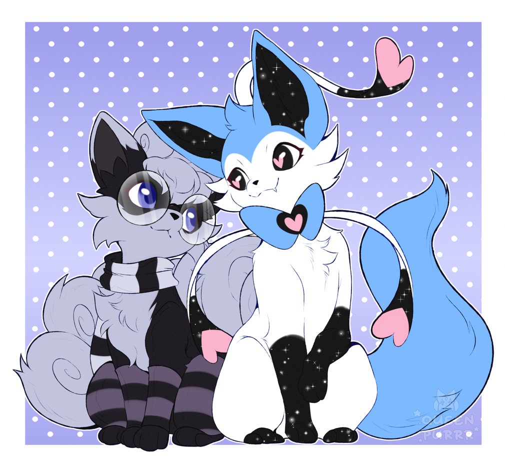 queen purrr, sylveon, vulpix, nintendo, pokemon, commission, :3, alternate color, alternate shiny pokemon, animal focus, arm warmers, artist name, black eyes, blue background, blue bow, blue bowtie, blue eyes, border, bowtie, closed mouth, eye contact, fang, fang out, flat color, full body, gen 1 pokemon, gen 6 pokemon, glasses, happy, heart, heart-shaped pupils, leg warmers, looking at another, looking to the side, neck ribbon, no humans, outline, outside border, pink pupils, pokemon (creature), ribbon, round eyewear, scarf, sitting, smile, striped clothes, striped scarf, symbol-shaped pupils, watermark, white border, white outline, white ribbon
