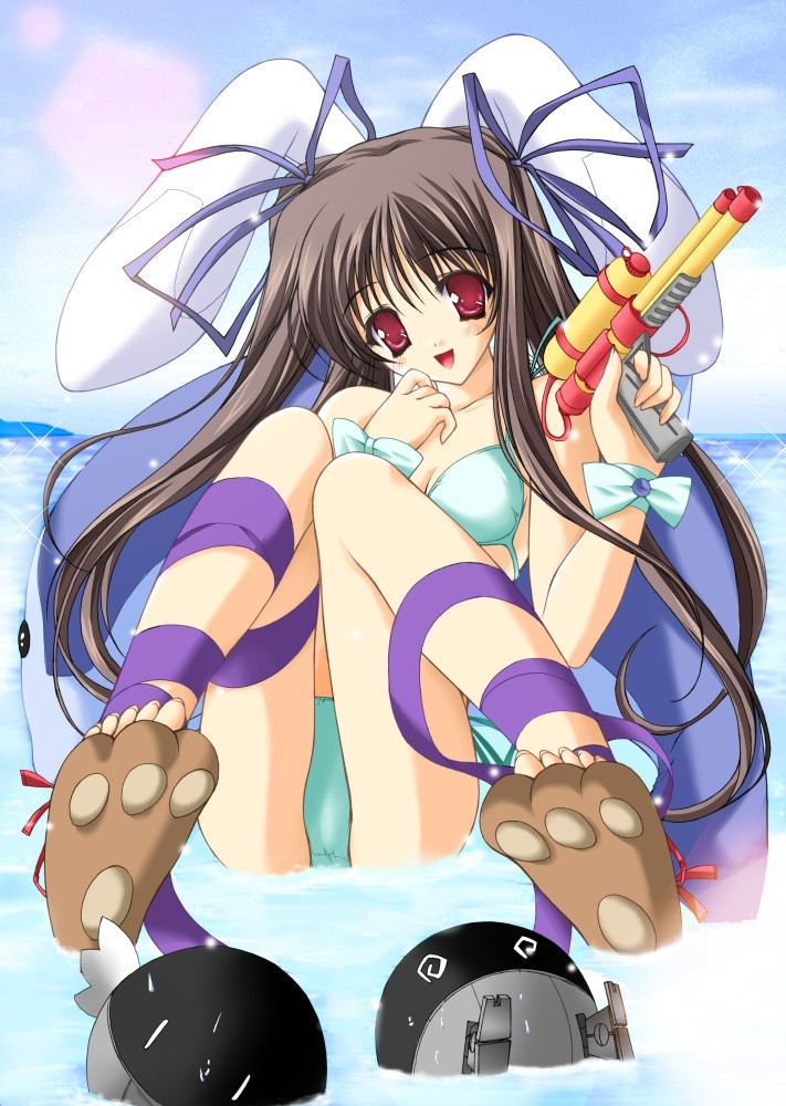 moekibara fumitake, purism egoist, 1girl, animal ears, bikini, female focus, green bikini, paw shoes, rabbit ears, shoes, solo, swimsuit, water gun