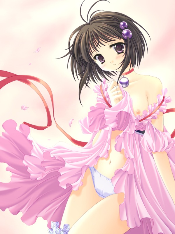 acid head, reala (tales), tales of (series), tales of destiny, tales of destiny 2, 1girl, breasts, choker, clothes lift, dress, dress lift, female focus, medium breasts, nipple slip, nipples, panties, short hair, solo, strap slip, underwear, white panties