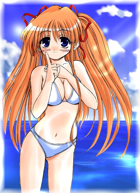 sugina fujitaka, sawatari makoto, kanon, 1girl, beach, bikini, blue eyes, breasts, cleavage, day, female focus, large breasts, orange hair, outdoors, solo, swimsuit, twintails