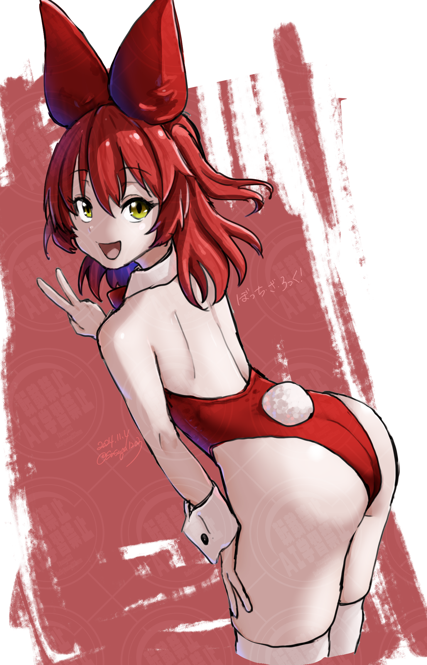 remya, kita ikuyo, bocchi the rock!, highres, 1girl, animal ear hairband, animal ears, ass, bare back, bow, bowtie, detached collar, fake animal ears, fake tail, from behind, hairband, hand on own thigh, leaning forward, leotard, long hair, looking at viewer, looking back, open mouth, playboy bunny, rabbit tail, red bow, red bowtie, red hair, red leotard, solo, strapless, strapless leotard, tail, v, wrist cuffs, yellow eyes