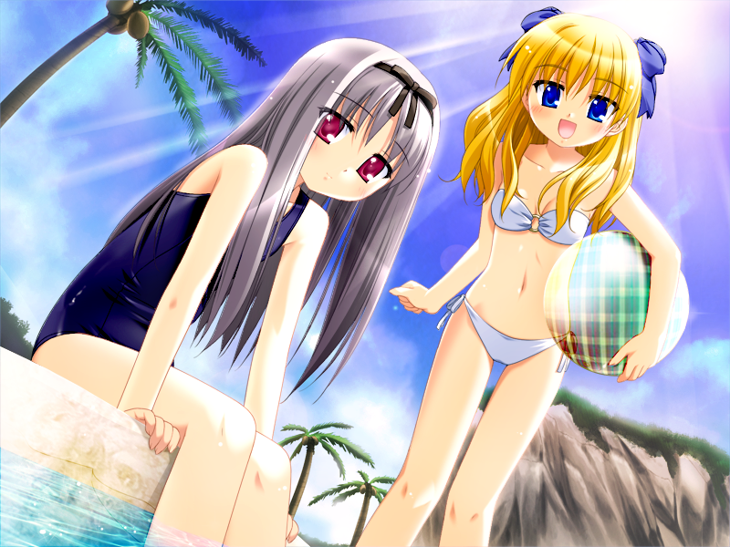 kani biimu, tsuzuki maki, harley sarasa bastille, sera ranesukaya, sera ranevskaya, sakura machizaka stories, sensei ga oshiete ageru, plaid, silver hair, game cg, 2girls, :d, ball, bandeau, beach, beachball, bikini, blonde hair, blue eyes, blue one-piece swimsuit, blue sky, blush, bow, breasts, clenched hand, cliff, cloud, cloudy sky, coconut, day, dutch angle, flat chest, from side, hair bow, hairband, holding, leaning forward, light rays, long hair, looking at viewer, multiple girls, navel, o-ring, o-ring top, one-piece swimsuit, open mouth, outdoors, palm tree, parted bangs, pink eyes, red eyes, school swimsuit, side-tie bikini bottom, sitting, sky, small breasts, smile, soaking feet, standing, sun, sunbeam, sunlight, swimsuit, transparent, tree, water, white bikini