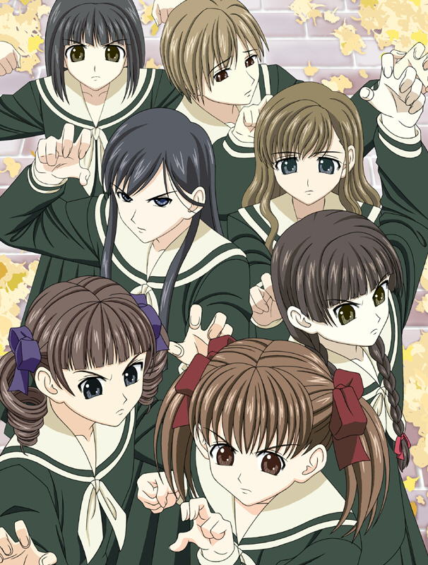 fukuzawa yumi, hasekura rei, matsudaira touko, nijou noriko, ogasawara sachiko, shimazu yoshino, toudou shimako, maria-sama ga miteru, 00s, 6+girls, arms up, autumn leaves, black eyes, black hair, bow, braid, brown eyes, brown hair, claw pose, drill hair, fighting stance, green shirt, green skirt, grey eyes, hair bow, hair ribbon, leaf, long hair, long sleeves, multiple girls, outdoors, pleated skirt, ribbon, sailor collar, school uniform, shirt, short hair, skirt, standing, stone floor, twin braids, twin drills, twintails, upper body