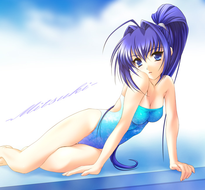 hayase mitsuki, kimi ga nozomu eien, 00s, 1girl, arm support, bare shoulders, blue eyes, blue hair, breasts, casual one-piece swimsuit, cleavage, female focus, hair intakes, long hair, lying, matching hair/eyes, on side, one-piece swimsuit, outdoors, ponytail, reclining, sky, solo, strapless, strapless one-piece swimsuit, swimsuit, thigh gap, thighs