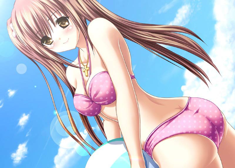 aikawa daisei, sakurano suzuha, school love!, game cg, 1girl, ball, beachball, bikini, brown hair, cloud, cross, day, dutch angle, female focus, jewelry, latin cross, long hair, necklace, pink bikini, sky, solo, swimsuit, twintails