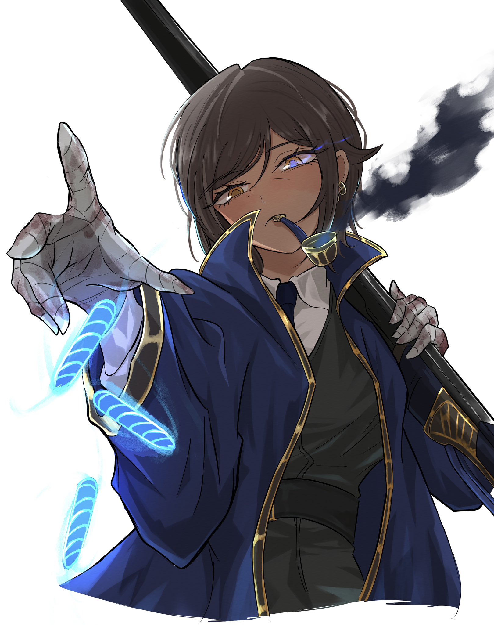 outis (project moon), limbus company, project moon, highres, 1girl, bandaged hand, bandages, belt, black belt, black jacket, black necktie, black pants, blazer, blood, blood stain, blue coat, blue fire, brown eyes, brown hair, bullet, closed mouth, coat, collared coat, collared shirt, cropped legs, dark-skinned female, dark skin, determined, dress pants, e.g.o (project moon), eyelashes, fire, flaming eye, floating, floating object, frown, gun, head tilt, high collar, holding, holding gun, holding weapon, jacket, layered sleeves, light blush, long sleeves, looking at viewer, magic bullet (e.g.o), mouth hold, necktie, over shoulder, pants, shirt, short hair, shotgun, simple background, smoke, smoking, smoking pipe, solo, swept bangs, torimodoki 0, weapon, weapon over shoulder, white background, white shirt