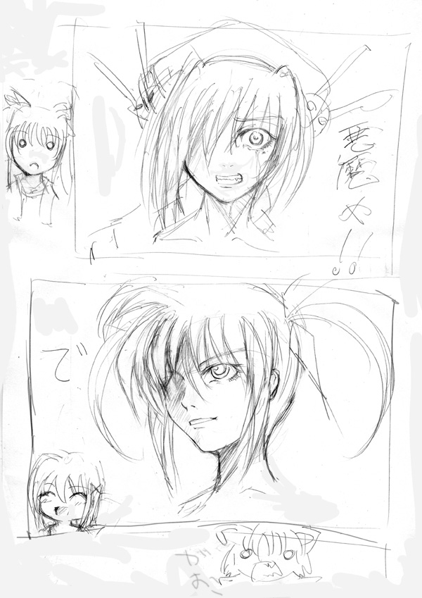 nakayama yukiji, fate testarossa, takamachi nanoha, vita (nanoha), yagami hayate, lyrical nanoha, mahou shoujo lyrical nanoha, mahou shoujo lyrical nanoha a's, 00s, 4girls, :d, crying, crying with eyes open, greyscale, hair ornament, hair over one eye, happy, hat, headgear, monochrome, multiple girls, o o, open mouth, parted lips, short hair, smile, tears, teeth, twintails, two side up, white devil, x hair ornament