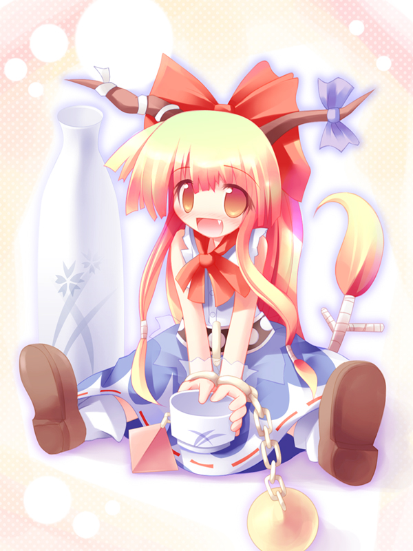 ai takurou, ibuki suika, touhou, 1girl, blouse, brown shoes, chain, eyes visible through hair, fang, female focus, horns, long hair, low-tied long hair, orange eyes, orange hair, ribbon-trimmed skirt, ribbon trim, shirt, shoes, sitting, sleeveless, sleeveless shirt, solo, tail, torn clothes, torn shirt, white shirt