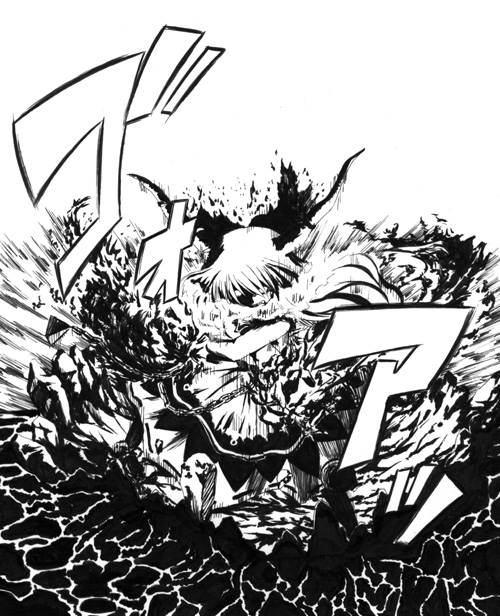 mikage baku, ibuki suika, touhou, 1girl, angry, chain, dress, female focus, greyscale, monochrome, solo, white background
