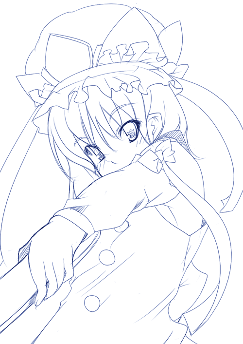 nakamura kusata, shiki eiki, touhou, 1girl, blue theme, bow, female focus, hat, lineart, monochrome, ribbon, rod of remorse, short hair, solo