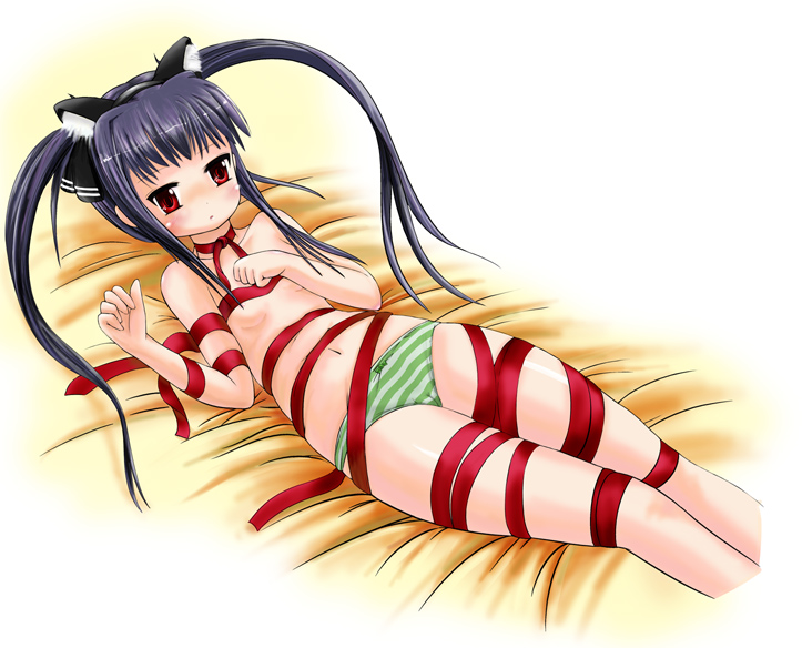 mar (artist), marneko, kooh (pangya), pangya, 1girl, animal ears, cat ears, female focus, loli, long hair, naked ribbon, panties, ribbon, solo, striped clothes, striped panties, twintails, underwear