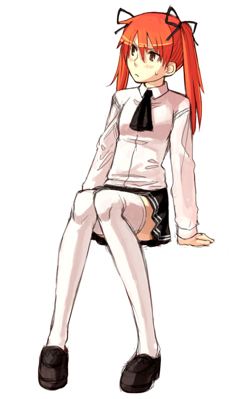yu 65026, 1girl, arm support, ascot, blush, brown eyes, female focus, hair ribbon, leaning to the side, long sleeves, orange hair, red hair, ribbon, simple background, sitting, solo, sweatdrop, thighhighs, twintails, white background