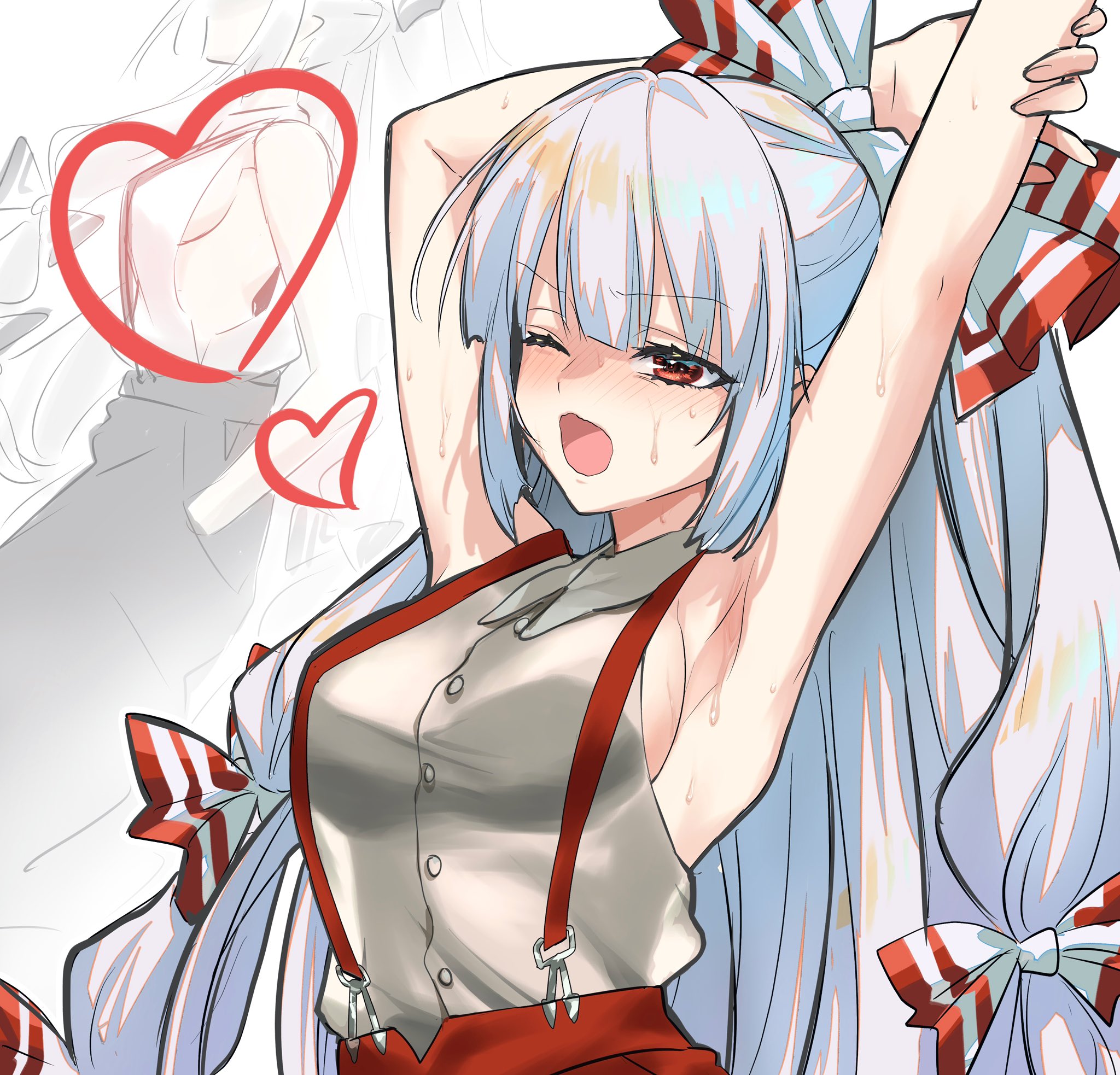 fujiwara no mokou, touhou, highres, 1girl, arm up, armpits, bow, breasts, hair bow, heart, long hair, momohana 3939, no bra, one eye closed, pants, red eyes, red pants, shirt, sideboob, sleeveless, sleeveless shirt, solo, suspenders, white hair, white shirt, yawning