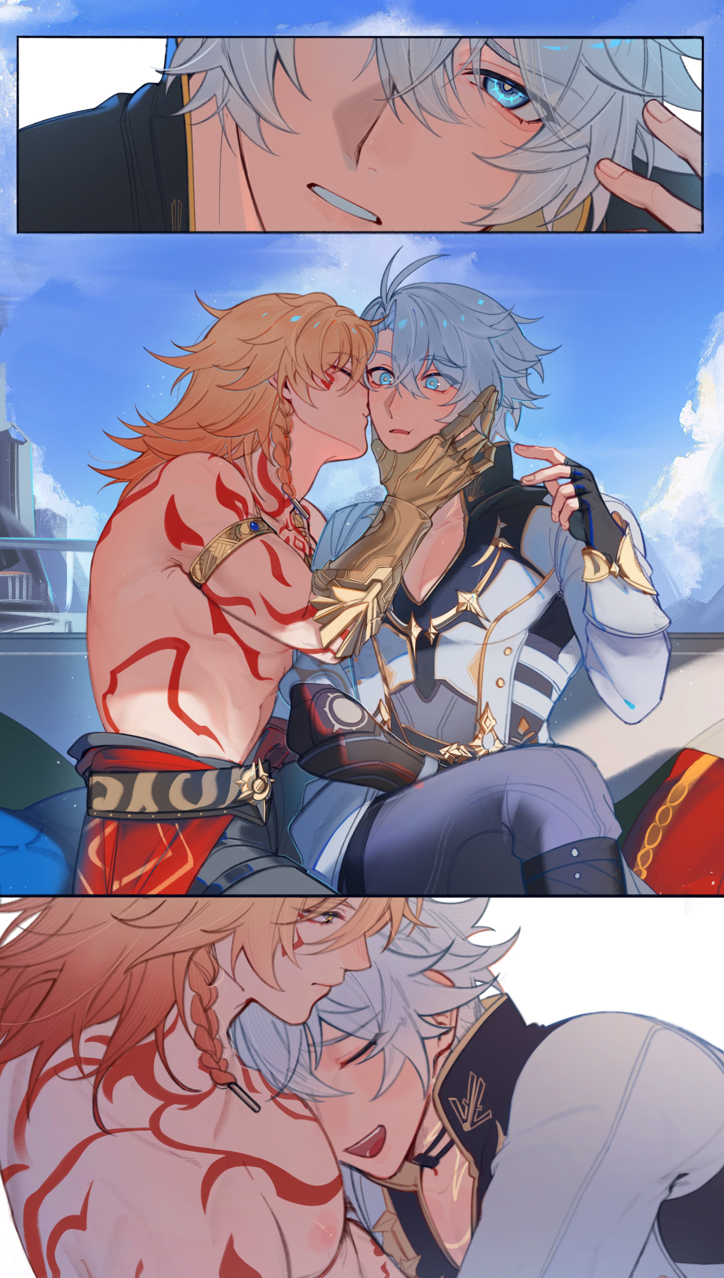 sn0w 002, mydei (honkai: star rail), phainon (honkai: star rail), honkai: star rail, honkai (series), absurdres, commentary, english commentary, highres, 2boys, abs, antenna hair, arm tattoo, armlet, between pecs, between pectorals, black choker, black coat, black gloves, black shirt, blonde hair, blue eyes, blue sky, braid, chest tattoo, choker, clawed gauntlets, coat, earrings, facial tattoo, fingerless gloves, gloves, gold earrings, gold necklace, gradient hair, hair between eyes, hand on another's cheek, hand on another's face, head between pecs, jewelry, kiss, kissing cheek, leaning on person, male focus, medium hair, multicolored hair, multiple boys, neck tattoo, necklace, open clothes, open coat, parted bangs, pectorals, red hair, red tattoo, shirt, short hair, side braid, sky, tattoo, toned, toned male, white coat, white hair, yaoi, yellow eyes