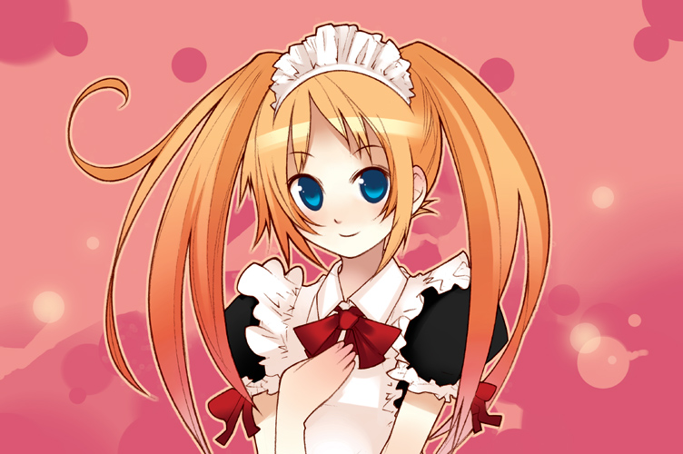 haruse hiroki, original, 1girl, blue eyes, female focus, hairband, long hair, maid, orange hair, smile, solo, twintails