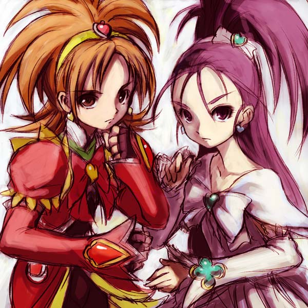 heika (heikahp), cure bloom, cure egret, hyuuga saki, mishou mai, futari wa precure splash star, precure, 00s, 2girls, brooch, brown eyes, brown hair, earrings, heart, heart brooch, jewelry, long hair, magical girl, multiple girls, purple eyes, purple hair, serious, short hair, white background