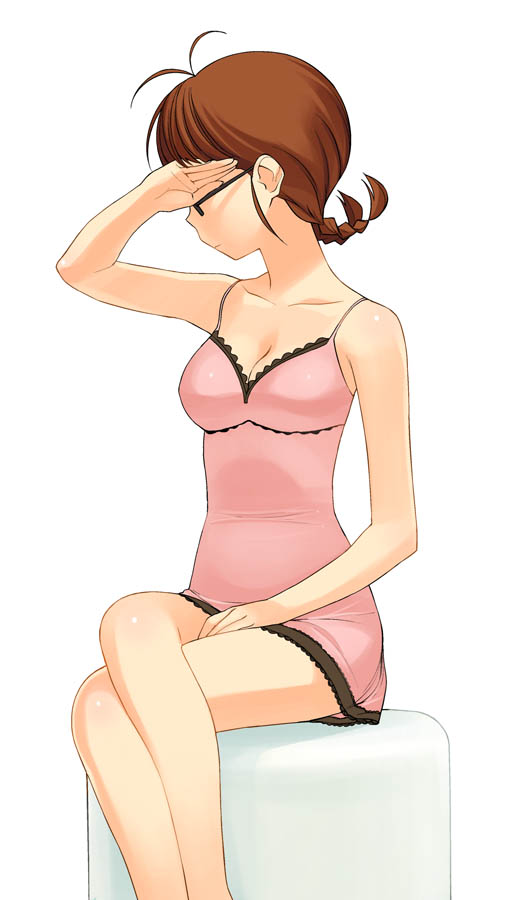 a1 (initial-g), akizuki ritsuko, idolmaster, idolmaster (classic), idolmaster 1, looking away, 00s, 1girl, ahoge, antenna hair, braid, breasts, brown hair, cleavage, collarbone, covering face, covering own eyes, covering privates, crossed legs, female focus, glasses, hand on lap, lingerie, negligee, simple background, sitting, solo, twin braids, underwear