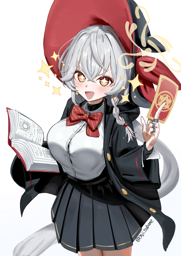 eri (blue archive), blue archive, book, bow, bowtie, braid, card, halo, hat, holding, holding book, holding card, jacket, long coat, long hair, orange eyes, shirt, skirt, sparkle, sparkling eyes, sweater, white hair, witch hat