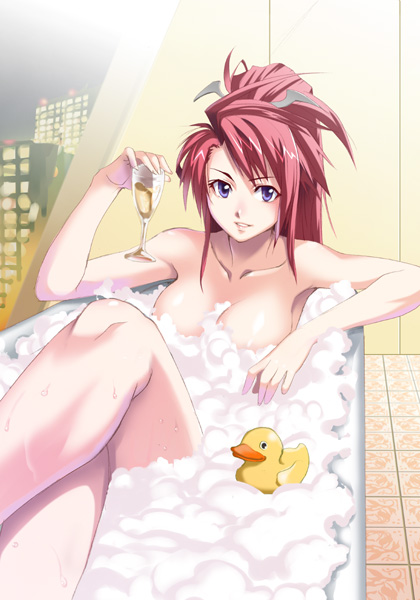 inue shinsuke, ignis (jingai makyou), jingai makyou, 1girl, alcohol, bath, bathing, blue eyes, blush, breasts, bubble bath, champagne, crossed legs, cup, drinking glass, female focus, large breasts, legs, long hair, looking at viewer, nude, red hair, rubber duck, sitting, solo, thighs, wine, wine glass