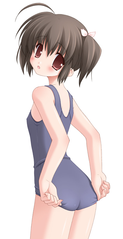 hisane, yuzuhara konomi, to heart (series), to heart 2, 00s, 1girl, ahoge, female focus, hair ornament, one-piece swimsuit, open mouth, school swimsuit, simple background, solo, swimsuit, white background