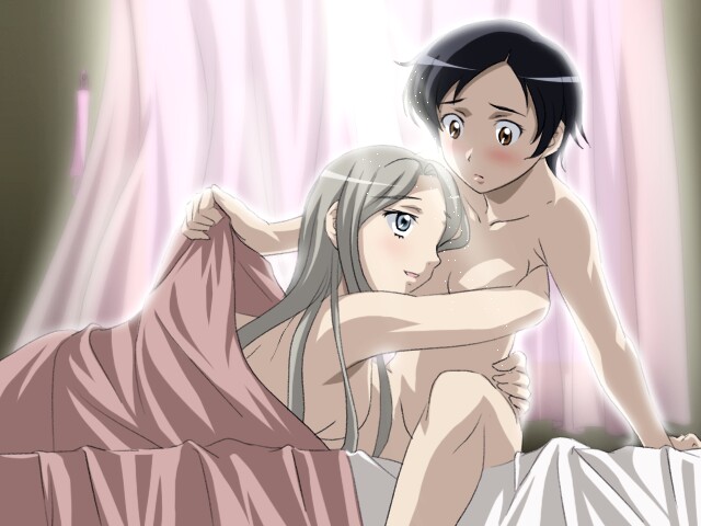 sanshita, otonashi saya, rasputin (blood+), blood+, 00s, 2girls, bed, bed sheet, black hair, blush, brown eyes, hair over breasts, hair over one breast, hug, multiple girls, naked sheet, nude, short hair, yuri