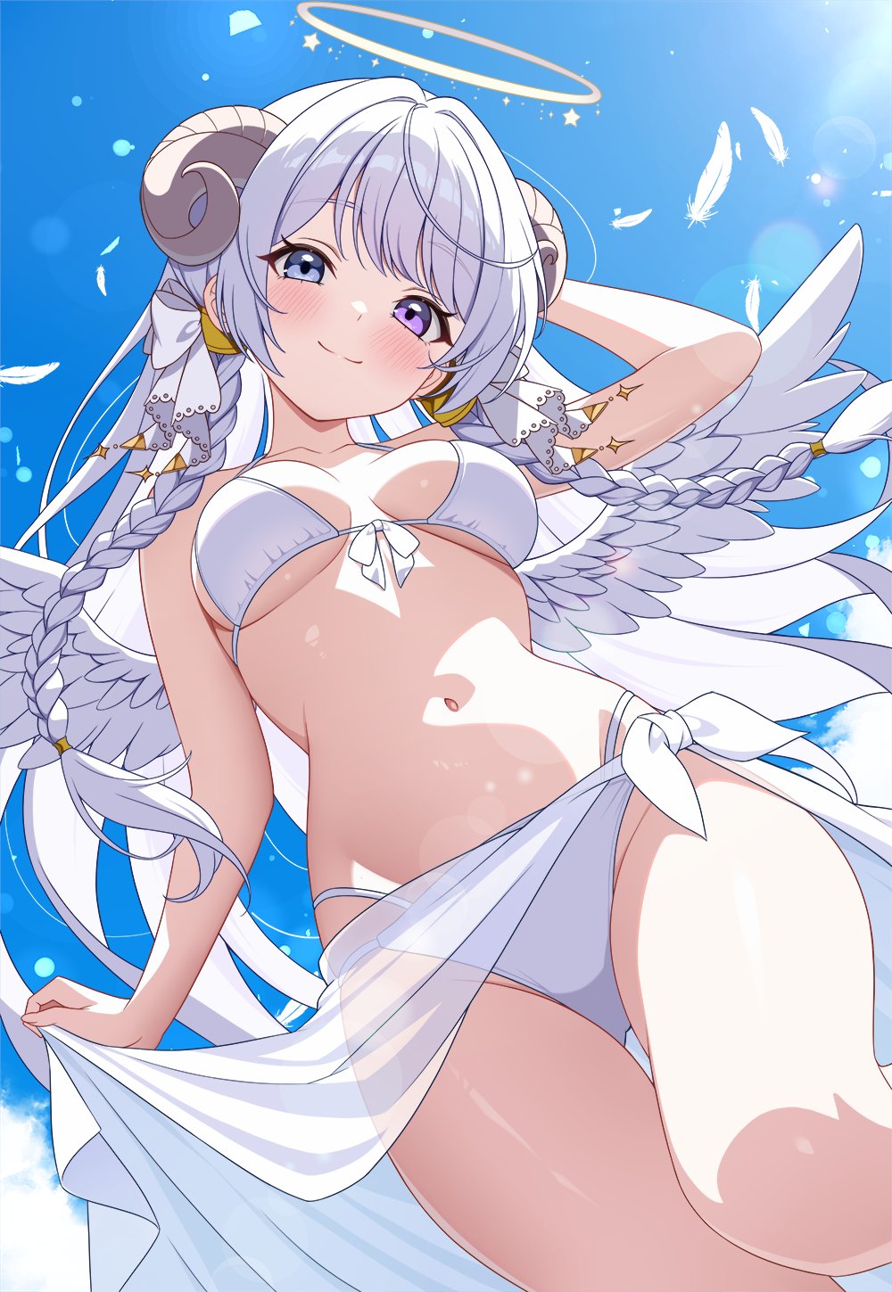 rin ateria, indie virtual youtuber, highres, second-party source, 1girl, angel, arm behind head, bikini, blue sky, blush, bow, braid, breasts, closed mouth, collarbone, feathered wings, feathers, from below, grey eyes, hair bow, halo, hasumi yuno, heterochromia, long hair, navel, purple eyes, sarong, sky, solo, stomach, swimsuit, twin braids, virtual youtuber, white bikini, white bow, white feathers, white hair, white sarong, white wings, wings