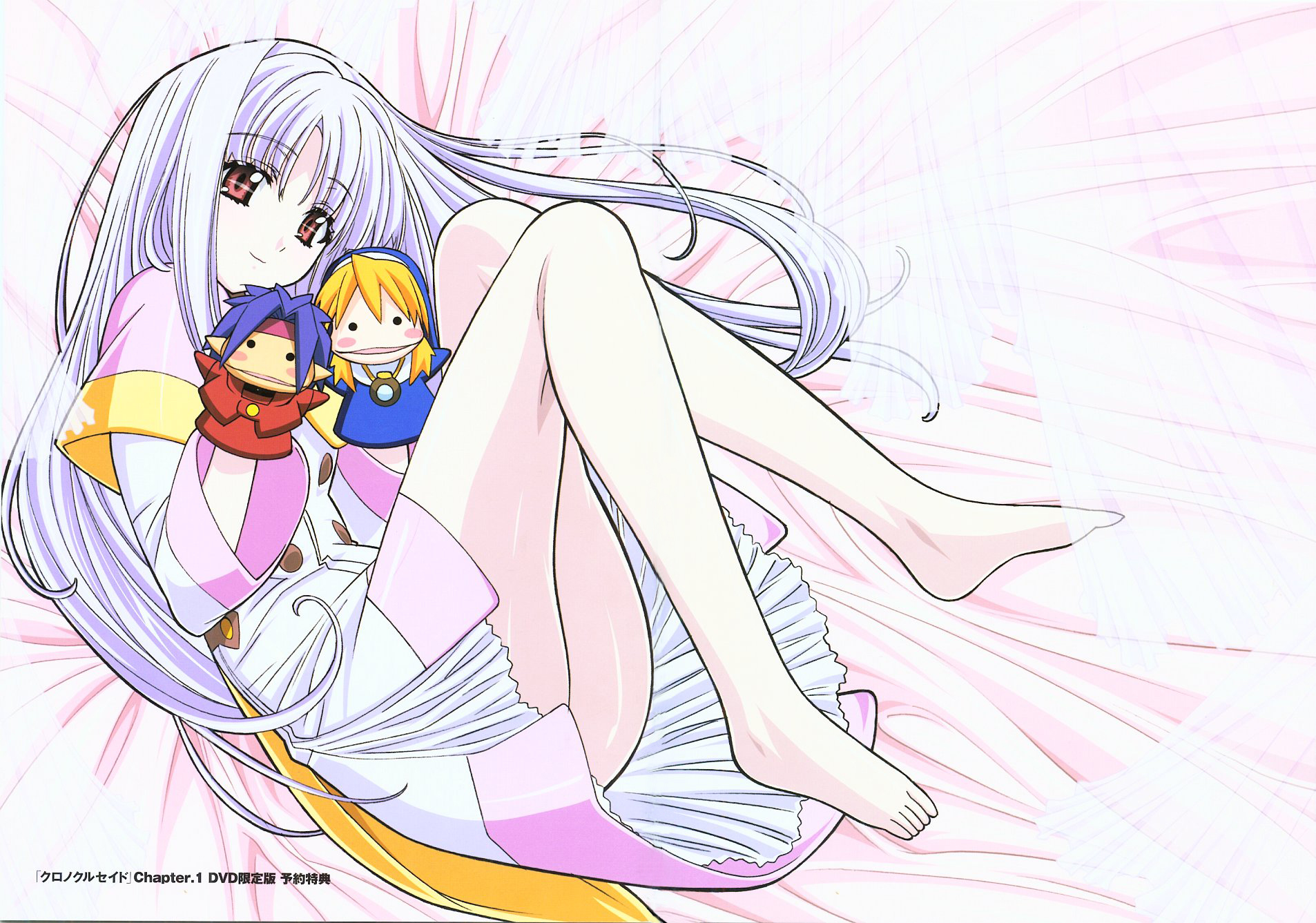 kuroda kazuya, azmaria hendric, chrono, rosette christopher, chrno crusade, kadokawa shoten, habit, silver hair, highres, official art, 1girl, :d, barefoot, bed, blonde hair, blue hair, blush stickers, buttons, censored, character doll, convenient censoring, curtains, demon boy, doll, dress, feet, female focus, fetal position, flat chest, from above, hand puppet, jewelry, legs, long hair, lying, necklace, nun, o o, on side, open mouth, parted bangs, pink eyes, pocket watch, pointy ears, puppet, see-through clothes, smile, solo, spiked hair, very long hair, watch