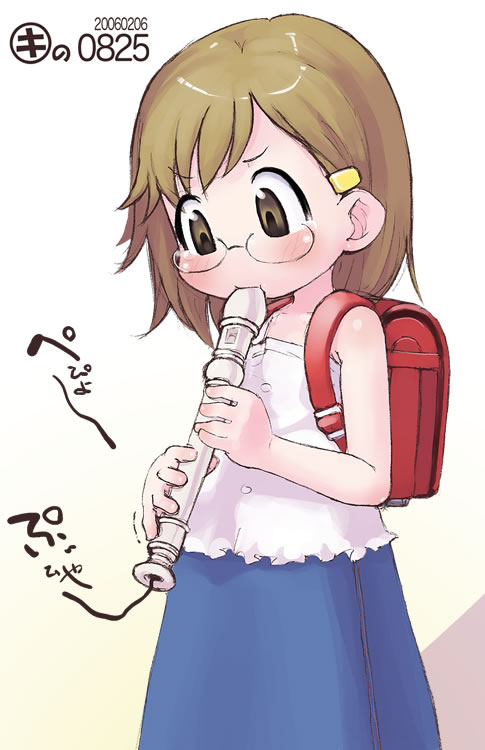 kei jiei, backpack, bag, flute, glasses, holding flute, holding instrument, instrument, randoseru, recorder, solo, tears