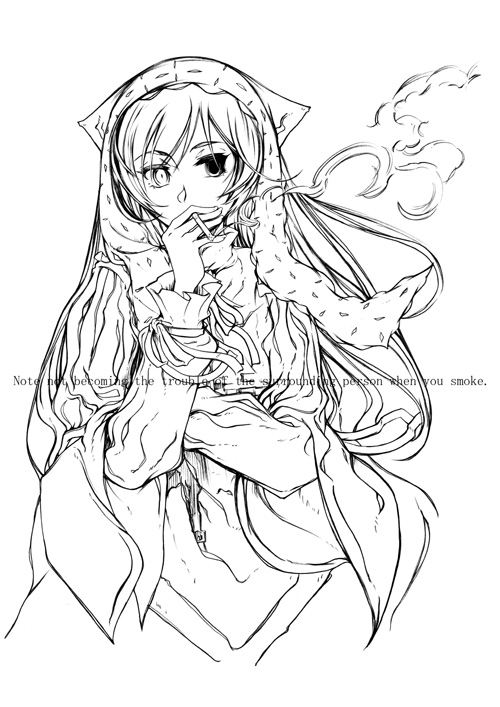 morisoban, suiseiseki, rozen maiden, 00s, cigarette, greyscale, heterochromia, long hair, monochrome, smoking, solo, very long hair