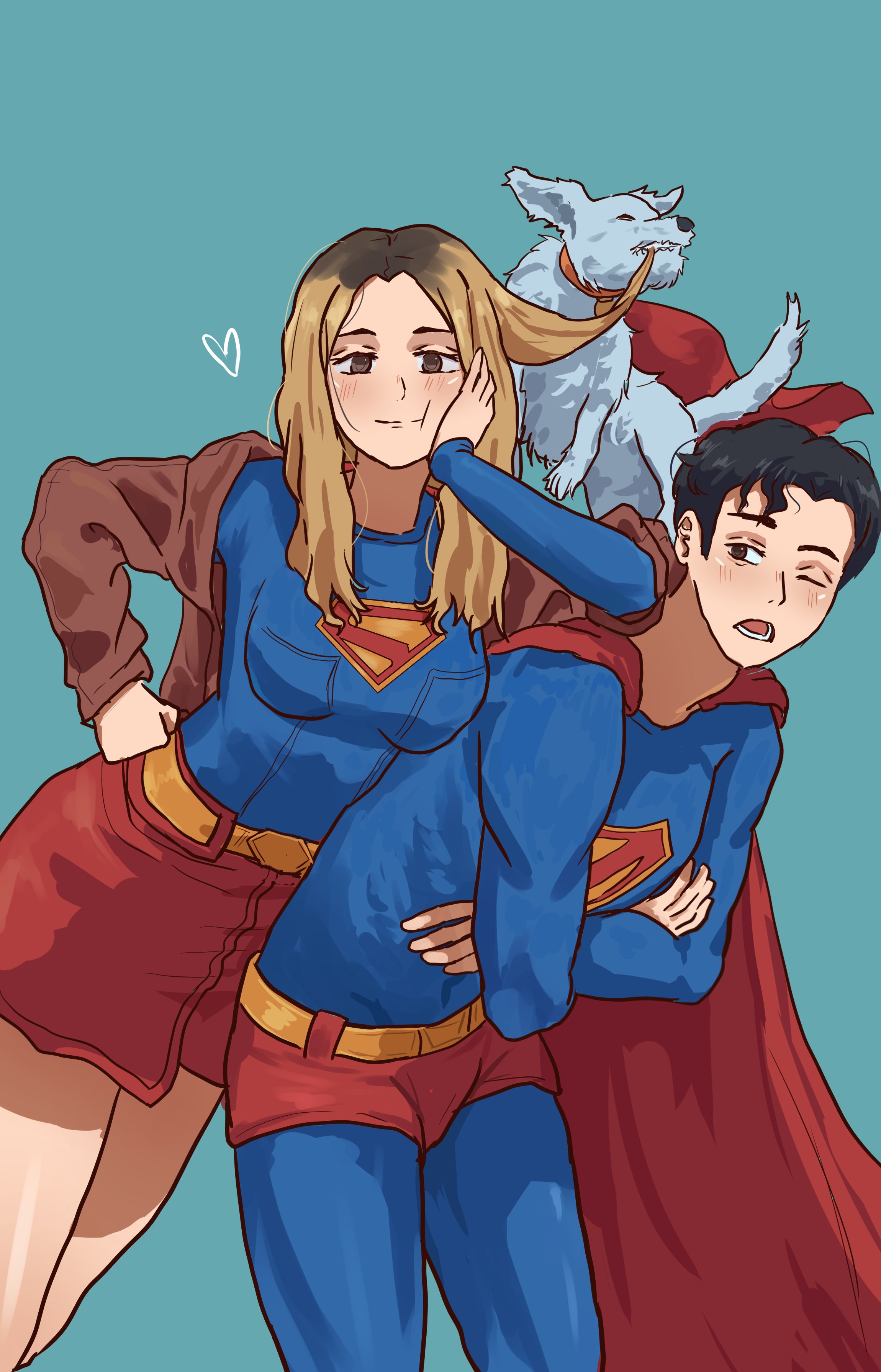 pluvion, superman (2025), absurdres, highres, 1boy, 1girl, animal, animal collar, aqua background, biting, biting hair, black hair, blonde hair, blood, blood on face, blue bodysuit, blue shirt, bodysuit, breasts, brown jacket, cape, collar, cousins, crossed arms, dog, grey eyes, hand on own cheek, hand on own face, jacket, large breasts, leaning on person, multicolored hair, one eye closed, open mouth, pants, red cape, red pants, roots (hair), schnauzer, shirt, simple background, superhero costume, tongue, tongue out, two-tone hair, white dog