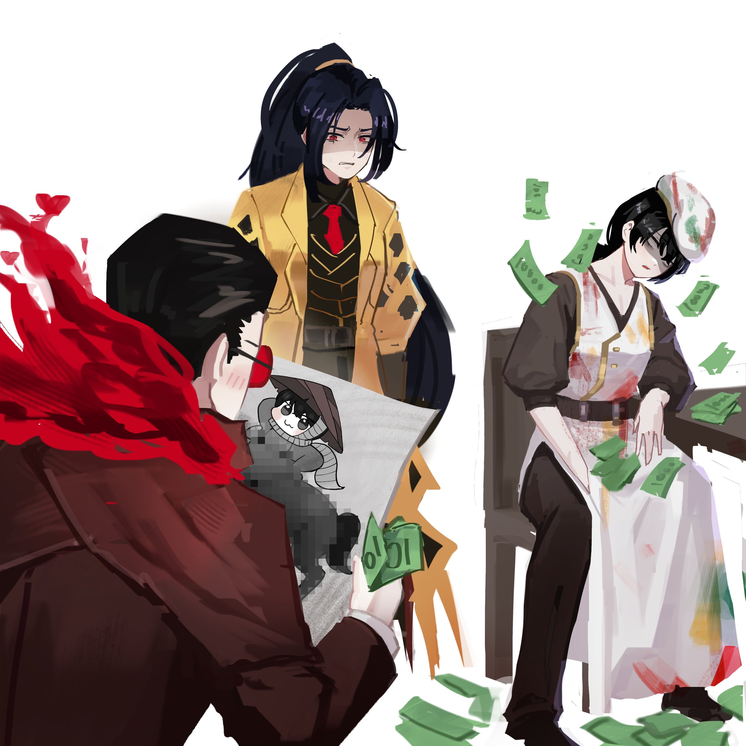 chyeo (chear 57), jia huan (project moon), yi sang (project moon), limbus company, project moon, absurdres, commentary, english commentary, highres, 3boys, annoyed, apron, arm on table, bags under eyes, banknote, belt, beret, black eyes, black hair, black shirt, black shoes, brown belt, brown hair, brown pants, brown shirt, censored, centaur, clenched teeth, coat, collared coat, collared shirt, dress pants, dress shoes, from behind, full body, furrowed brow, gubo (project moon), hair between eyes, hair tie, hat, head tilt, high belt, holding, holding money, implied pornography, lapels, layered sleeves, long hair, long sleeves, looking at another, low ponytail, male focus, money, mosaic censoring, multiple boys, necktie, notched lapels, open clothes, open coat, paint on clothes, pants, parted lips, ponytail, puffy long sleeves, puffy sleeves, purple hair, red-tinted eyewear, red coat, red eyes, red necktie, round eyewear, shaded face, shirt, shoes, short hair, sunglasses, taur, teeth, three-quarter sleeves, tinted eyewear, torn clothes, torn coat, upper body, white apron, white hat, yellow coat