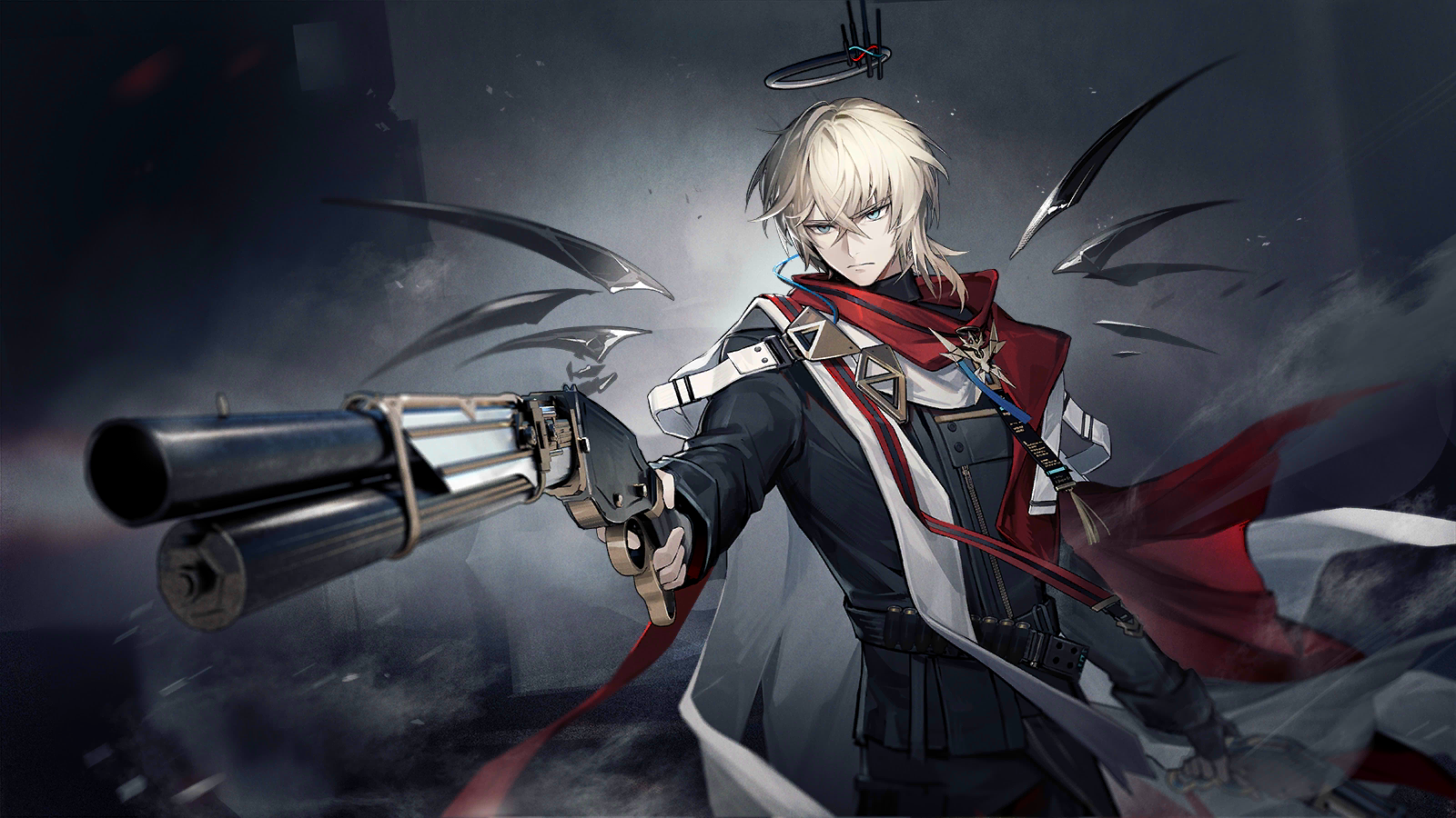 executor (arknights), executor the ex foedere (arknights), arknights, game cg, highres, official art, third-party source, 1boy, aiming, black halo, black jacket, black pants, black wings, blonde hair, blue eyes, cape, closed mouth, crossed bangs, crystal wings, detached wings, dutch angle, gun, halo, holding, holding gun, holding weapon, jacket, long sleeves, male focus, pants, radio antenna, red scarf, scarf, short hair, single sidelock, solo, weapon, white cape, wings