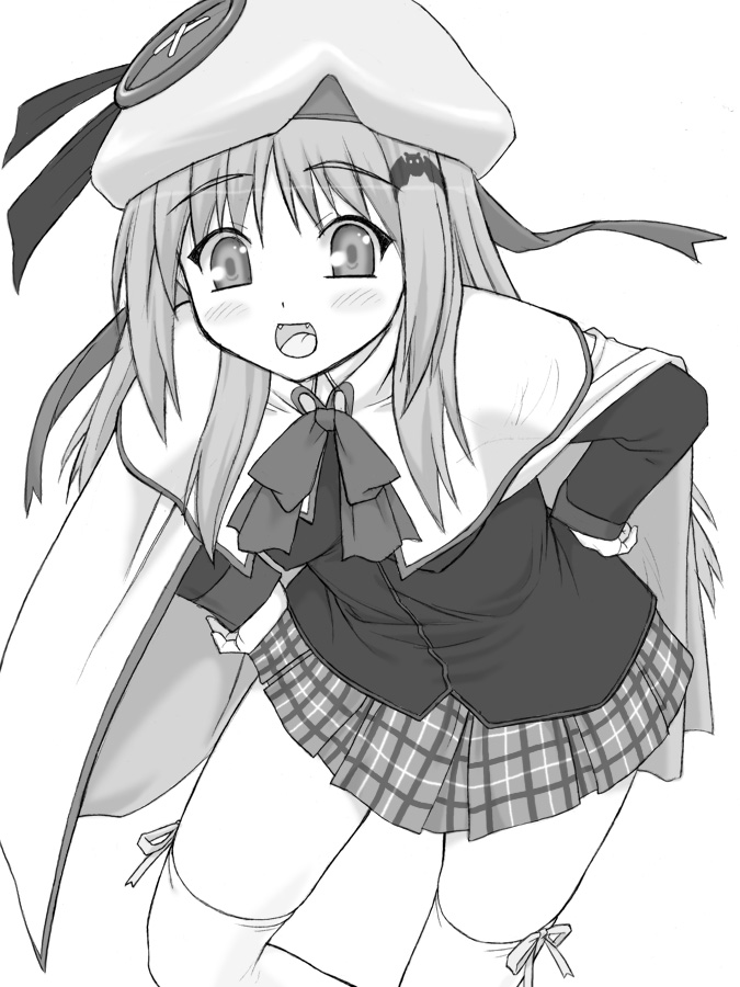 shichimenchou, noumi kudryavka, little busters!, beret, buttons, cape, fangs, greyscale, hat, large buttons, monochrome, solo, thighhighs