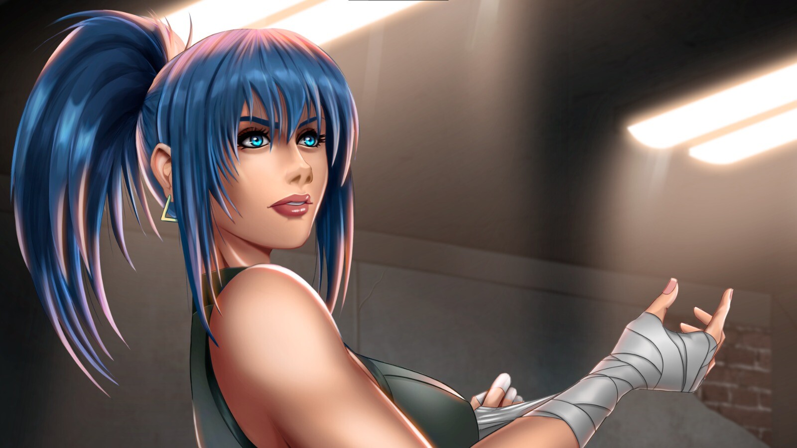 teban19, leona heidern, the king of fighters, 1girl, blue eyes, blue hair, breasts, curvy, earrings, female focus, gloves, huge breasts, indoors, jewelry, large breasts, long hair, looking at viewer, pale skin, ponytail, shirt, sports bra, tank top, tight clothes, tight shirt