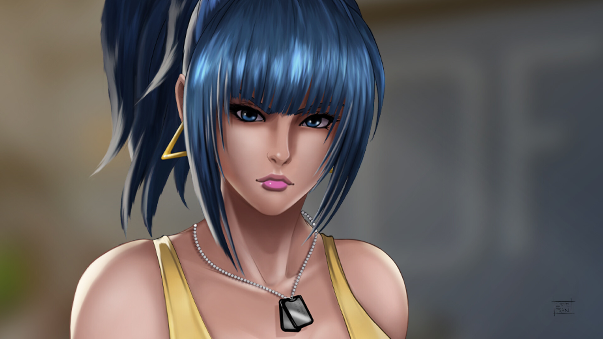 teban19, leona heidern, the king of fighters, 1girl, blue eyes, blue hair, collar, earrings, female focus, jewelry, long hair, military, pale skin, ponytail, shirt, tank top, thick lips