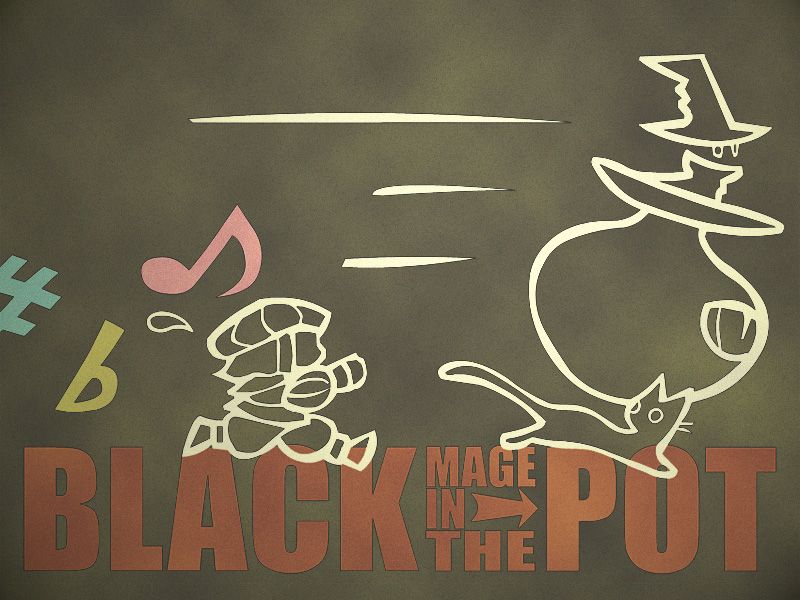 bard (final fantasy), black mage (final fantasy), final fantasy, final fantasy xi, pot, 00s, bard, black background, cat, character name, flying sweatdrops, hat, jug (bottle), musical note, running, silhouette, simple background, witch hat