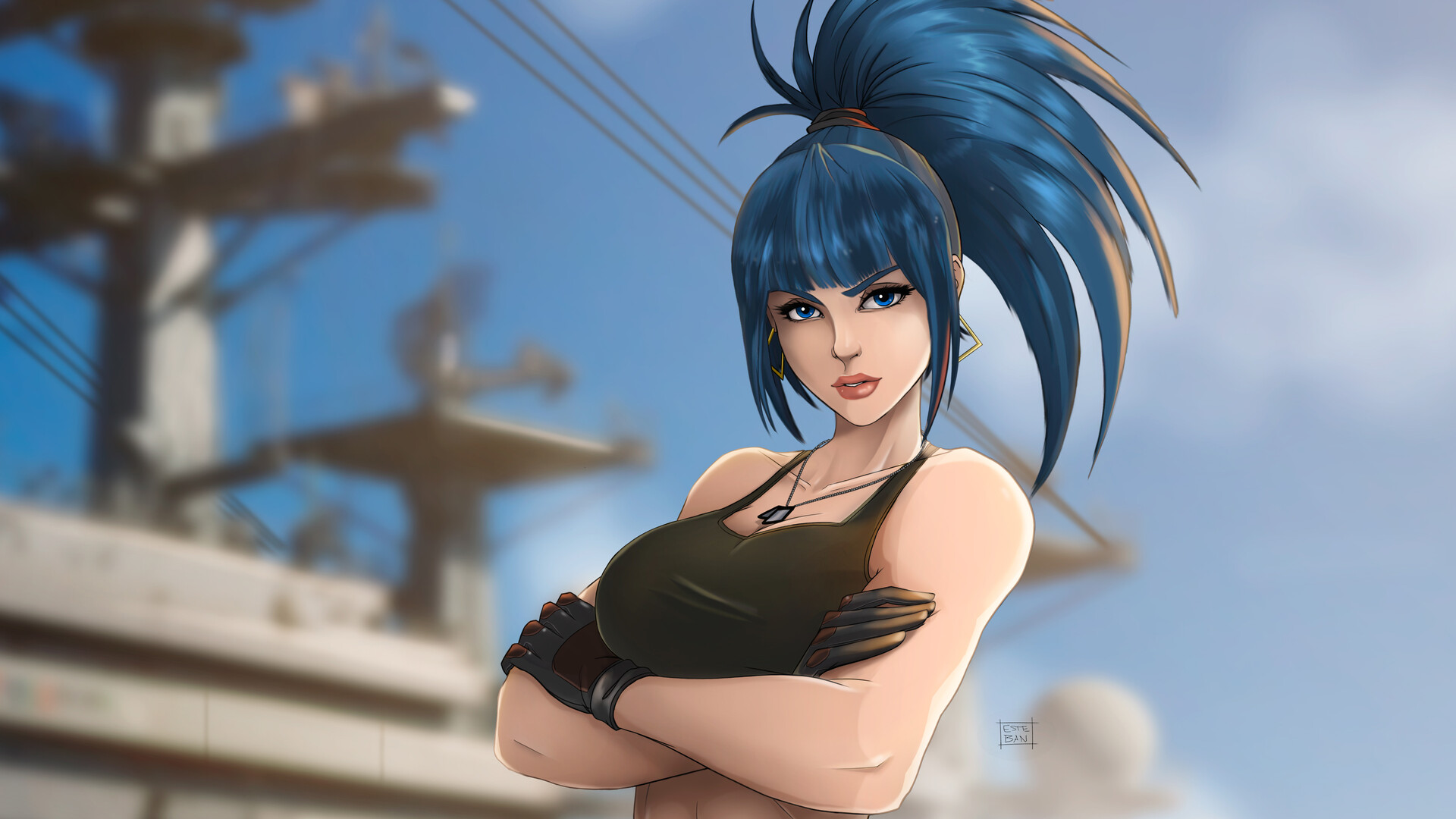 teban19, leona heidern, the king of fighters, 1girl, blue eyes, blue hair, breasts, curvy, earrings, female focus, gloves, huge breasts, jewelry, large breasts, leather, long hair, looking at viewer, military, outdoors, pale skin, ponytail, shirt, standing, tank top, thick lips, tight clothes, tight shirt