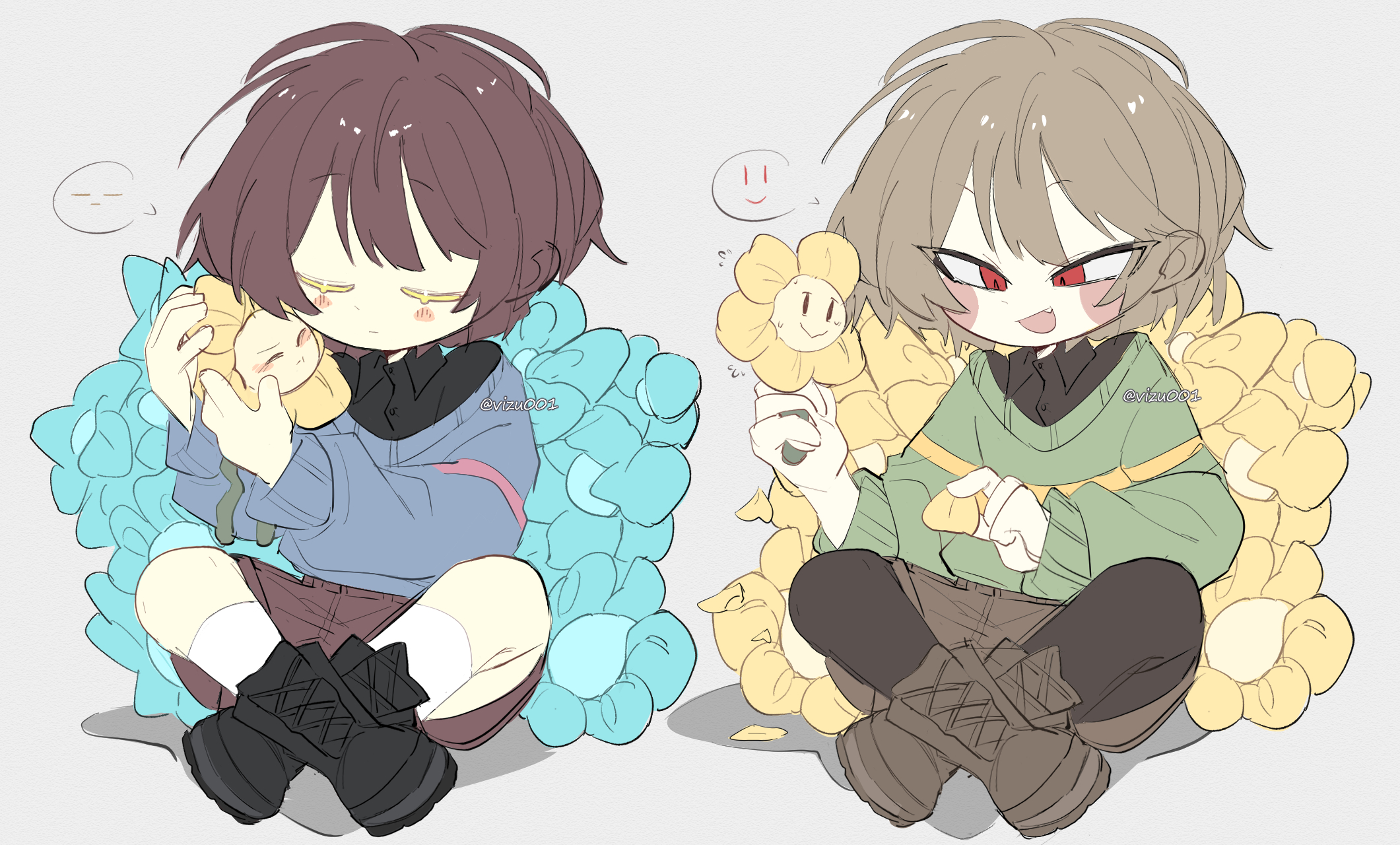 chara (undertale), flowey (undertale), frisk (undertale), undertale, utdr (toby fox), highres, 2others, :d, ankle boots, antenna hair, black boots, black pantyhose, black shirt, blue flower, bob cut, boots, brown boots, brown hair, brown shorts, buttons, center-flap bangs, cheek-to-cheek, circle facial mark, closed eyes, closed mouth, collared shirt, colored eyelashes, denim, denim shorts, double-parted bangs, echo flower, fang, flat color, flower, flying sweatdrops, full body, green sweater, grey background, hair between eyes, heads together, holding, holding flower, holding petal, indian style, kneehighs, lace-up boots, looking at another, multiple others, off-shoulder sweater, off shoulder, open mouth, other focus, pale skin, pantyhose, petals, red eyes, shadow, shirt, short hair, shorts, simple background, sitting, smile, socks, spoken expression, striped clothes, striped sweater, sweater, tsurime, twitter username, two-tone sweater, u u, vizu001, white socks, yellow flower, yellow sweater