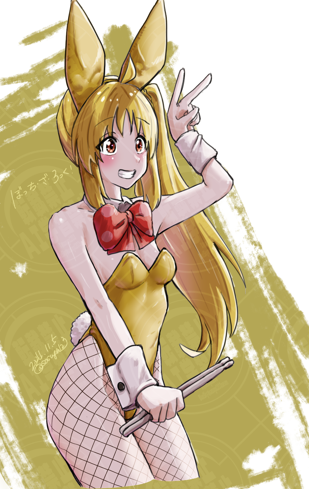 remya, ijichi nijika, bocchi the rock!, highres, 1girl, animal ear hairband, animal ears, arm up, blonde hair, blush, bow, bowtie, breasts, detached collar, drumsticks, fake animal ears, fake tail, fishnet pantyhose, fishnets, hairband, holding, holding drumsticks, leotard, long hair, looking to the side, pantyhose, playboy bunny, rabbit tail, red bow, red bowtie, side ponytail, solo, strapless, strapless leotard, tail, v, wrist cuffs, yellow eyes, yellow leotard