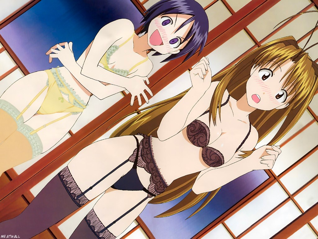 maehara shinobu, narusegawa naru, love hina, 2girls, arms up, black panties, black thighhighs, blue eyes, blue hair, blush, bob cut, bra, brown eyes, brown hair, dutch angle, embarrassed, garter belt, lingerie, long hair, multiple girls, panties, short hair, standing, thigh gap, thighhighs, thighs, underwear, underwear only, very long hair, yellow panties