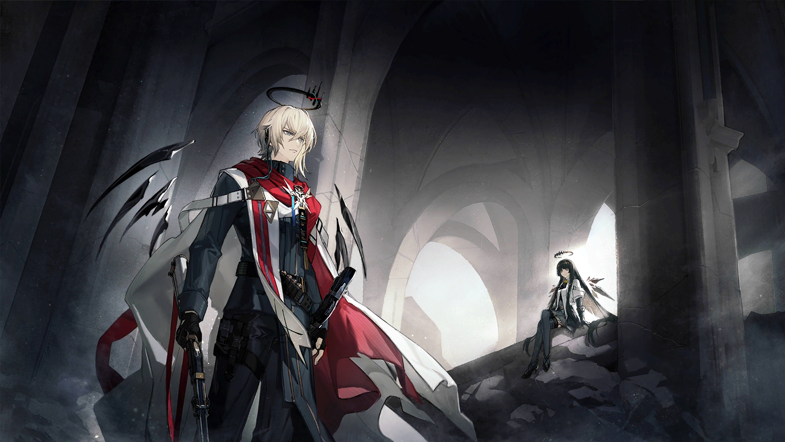 executor (arknights), executor the ex foedere (arknights), virtuosa (arknights), arknights, game cg, highres, official art, third-party source, 1boy, 1girl, black gloves, black hair, black halo, black jacket, black pants, black wings, blonde hair, blue eyes, closed mouth, cousins, crystal wings, detached wings, fingerless gloves, gloves, gun, halo, holding, holding gun, holding weapon, jacket, long hair, long sleeves, pants, pouch, radio antenna, red scarf, scarf, short hair, thigh pouch, weapon, wings