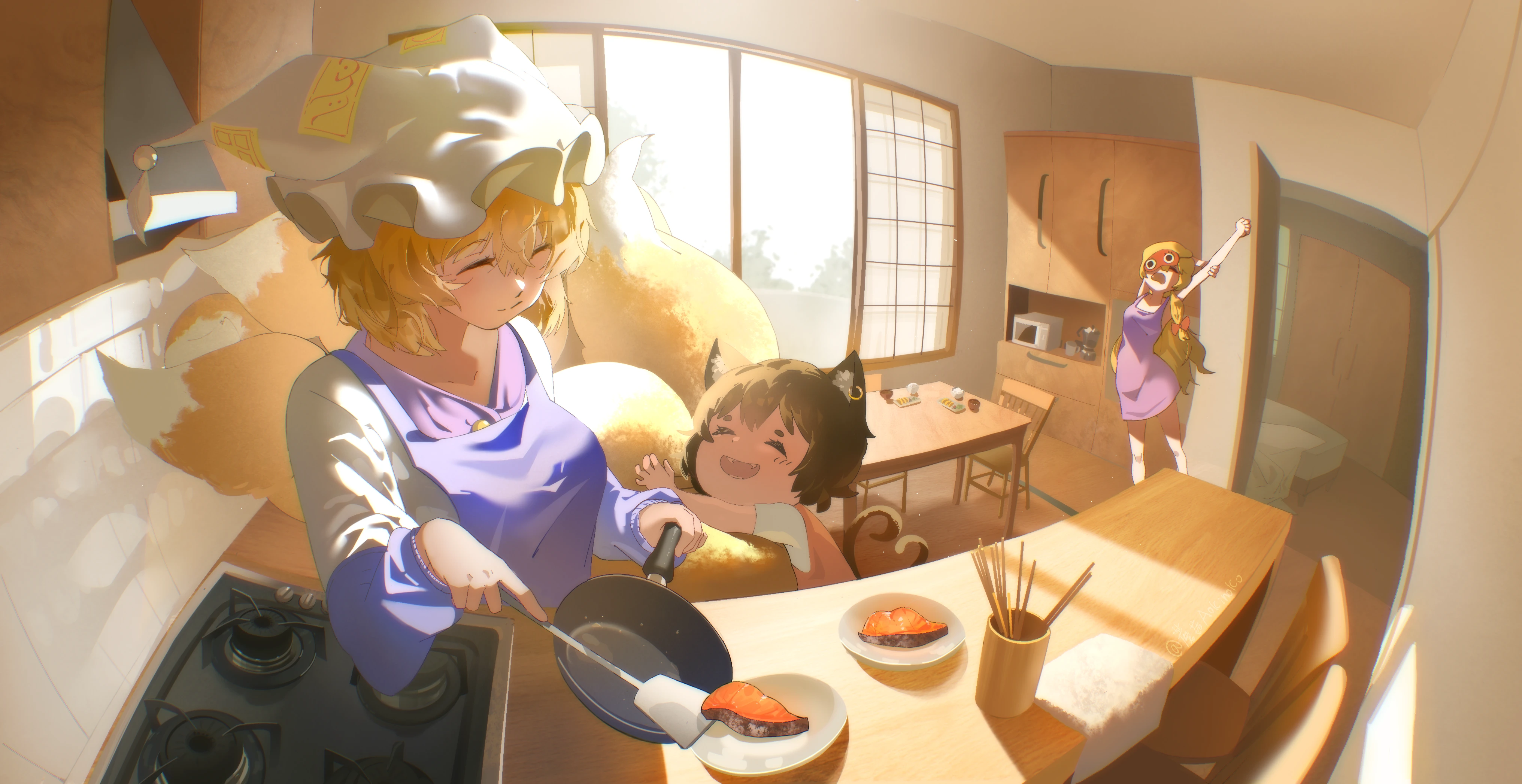 kinoko (kino2435006), chen, yakumo ran, yakumo yukari, touhou, absurdres, chinese commentary, commentary, highres, 3girls, ^ ^, animal ear fluff, animal ear piercing, animal ears, apron, blonde hair, bow, brown hair, cat ears, cat girl, cat tail, chair, closed eyes, coffee maker, counter, day, door, dress, fisheye, fox girl, fox tail, frying pan, hair bow, hat, holding, holding frying pan, indoors, kitsune, kyuubi, long hair, long sleeves, microwave, mob cap, multiple girls, multiple tails, open mouth, plate, purple apron, purple dress, red bow, short hair, short sleeves, sleep mask, smile, stove, stretching, sunlight, table, tail, two tails, white hat, window, window shadow, yawning