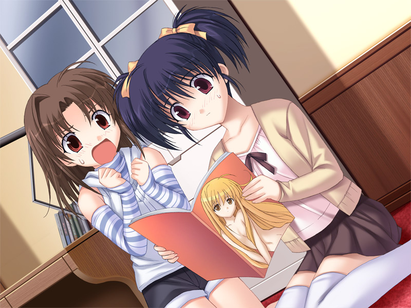 ayamori kanoka, ayamori shizu, daughter maker 2, game cg, 2girls, blush, bow, detached sleeves, hair bow, magazine (object), multiple girls, pornography, shorts, skirt, sweat, thighhighs, viewing pornography, zettai ryouiki