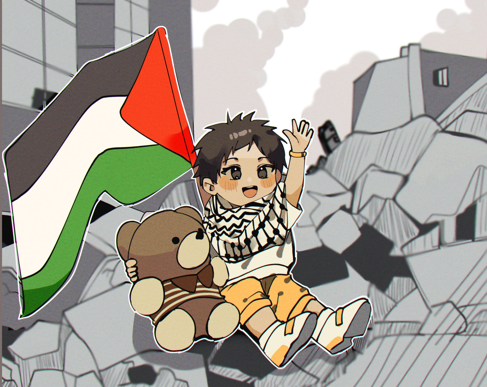miumato07, original, commentary, highres, 1boy, arm up, blush, brown eyes, brown hair, hand up, holding, israel-hamas war, keffiyeh, male focus, open mouth, orange pants, outdoors, palestine, palestinian clothes, palestinian flag, pants, ruins, shoes, short hair, shorts, sitting, smile, smoke, solo, stuffed animal, stuffed toy, teddy bear, white shoes