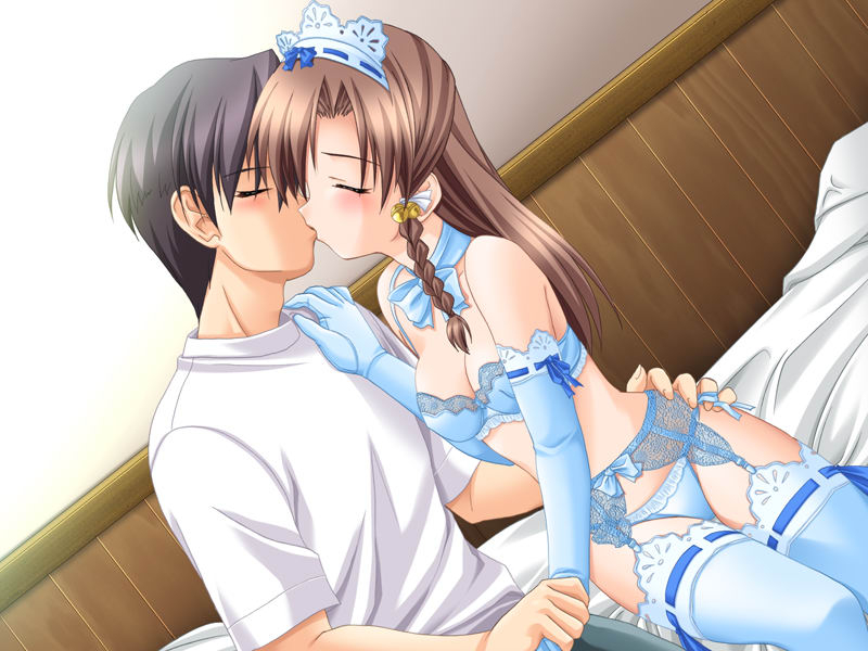 norizou type-r, mihara kasumi, takeuchi ryouji, tenshi no scanty, lace-trimmed legwear, game cg, 1boy, 1girl, bed, bell, blue bra, blue gloves, blue panties, blue thighhighs, blush, bow, bowtie, bra, braid, closed eyes, couple, dutch angle, elbow gloves, garter belt, gloves, hair bell, hair ornament, hand on another's hip, hat, hetero, holding another's wrist, indoors, kiss, lace, lace-trimmed bra, lace-trimmed gloves, lace trim, lingerie, maid, panties, ribbon, ribbon-trimmed gloves, ribbon-trimmed legwear, ribbon trim, shoulder grab, side-tie panties, thighhighs, underwear, underwear only
