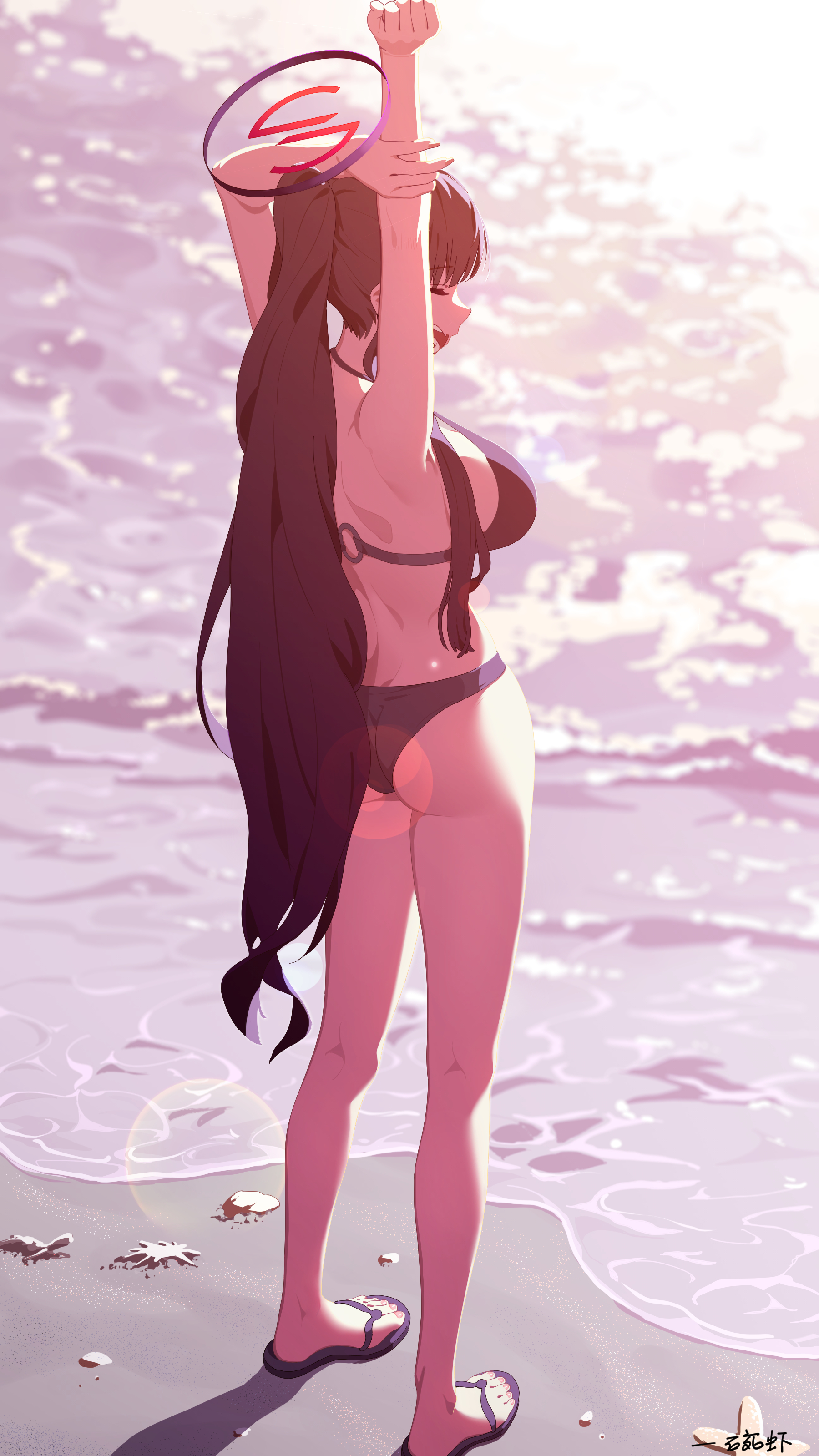 cou di di, rio (blue archive), blue archive, absurdres, commentary, highres, 1girl, alternate costume, arms up, ass, bare legs, beach, black hair, breasts, closed eyes, flip-flops, full body, halo, holding own arm, kneepits, large breasts, lens flare, long hair, outdoors, ponytail, sandals, sideboob, solo, stretching, toes, very long hair, yawning