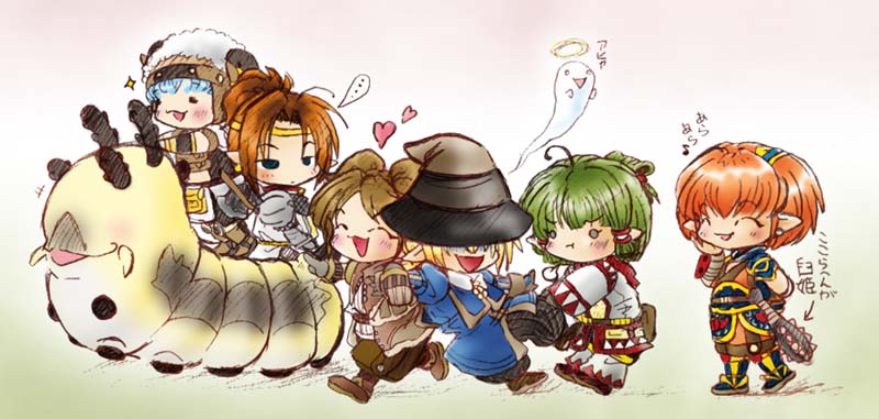 crawler, final fantasy, final fantasy xi, …, 00s, ^ ^, ahoge, blonde hair, boots, brown hair, caterpillar, chibi, chibi only, closed eyes, giving up the ghost, green hair, hat, heart, multiple boys, multiple girls, multiple riders, pout, pulling, red hair, riding, running, short hair, sidelocks, spoken heart, tarutaru, twintails, walking, weapon