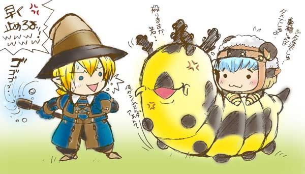beastmaster (final fantasy), black mage (final fantasy), crawler, final fantasy, final fantasy xi, gender request, 00s, androgynous, anger vein, animal costume, belt, blonde hair, blue eyes, bug, caterpillar, coat, full body, fur trim, gloves, green background, hat, horns, open mouth, simple background, smile, standing, sweatdrop, tarutaru, white background